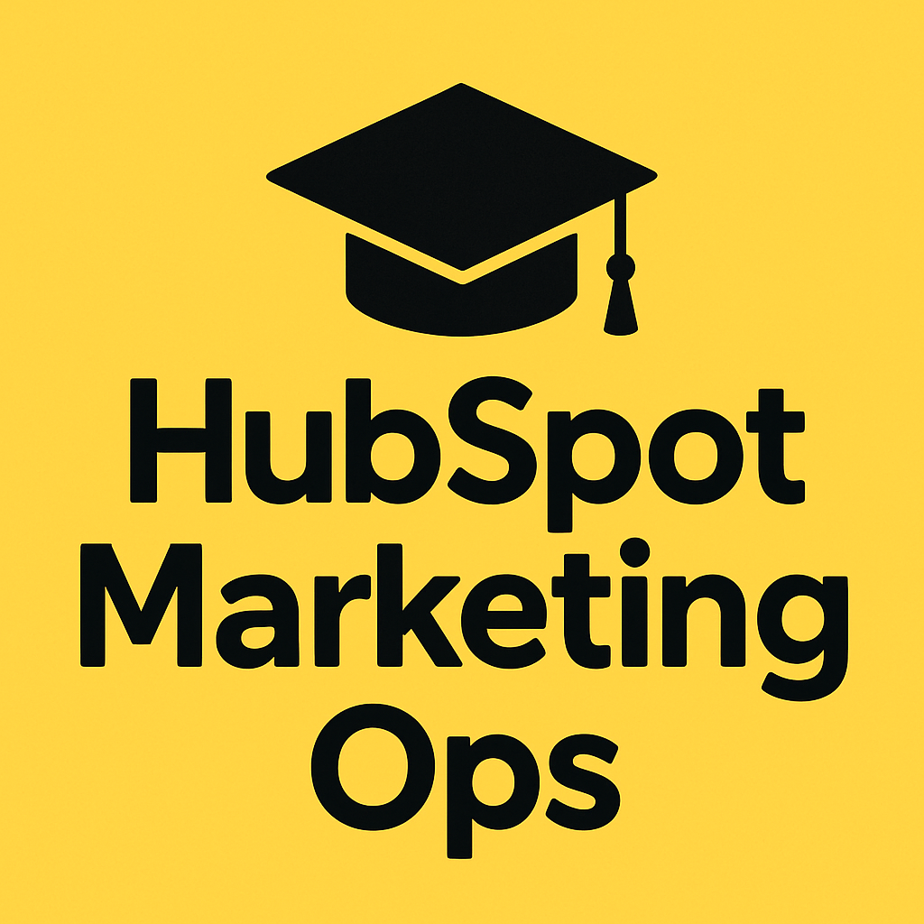 bold HubSpot Marketing Ops title and a student graduation cap with yellow background bold HubSpot Marketing Ops title and a student graduation cap with yellow background